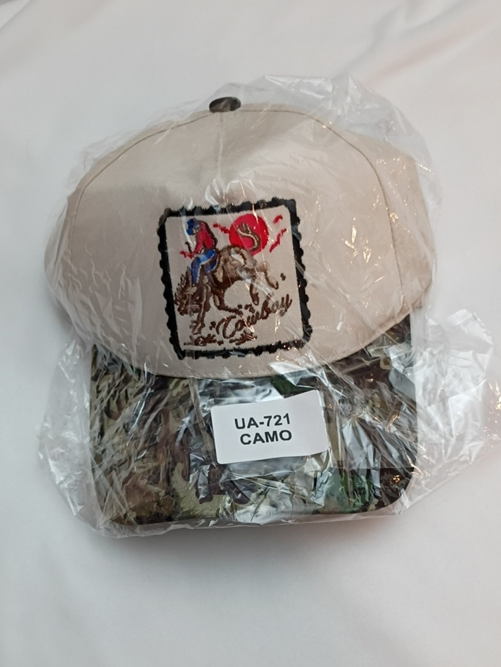 Women's Cowboy Embroidered Camo Bill Mens Cap - Beige and Camouflage